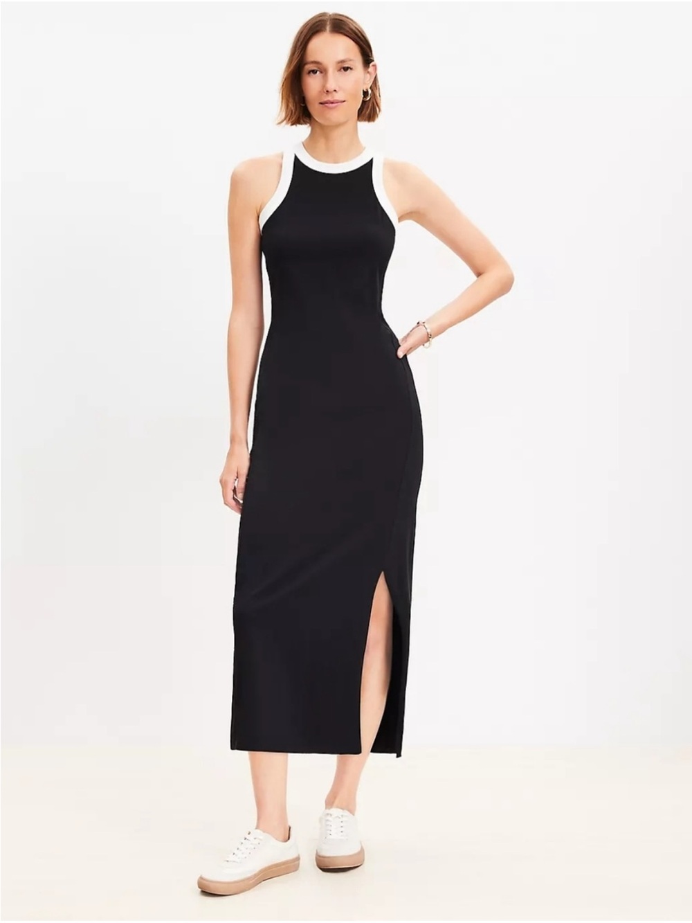 LOFT Black Midi Dress with White Trim Racerback